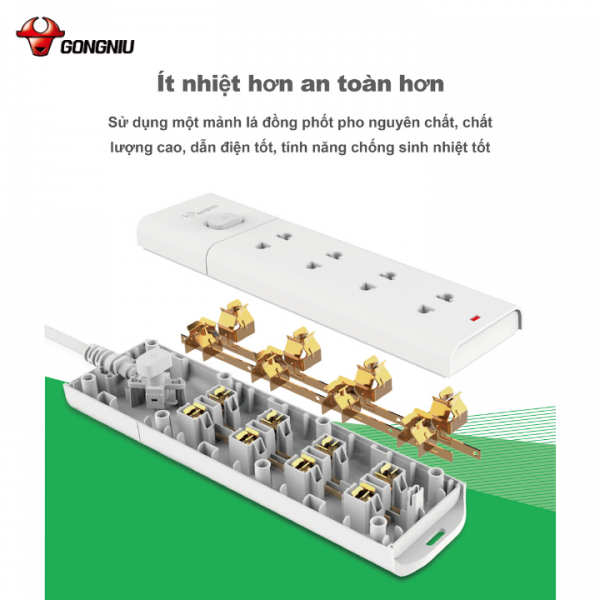 Ổ cắm điện Gongniu 4 ổ 2 chấu 1 công tắc - 2500W 10A - V1040 - Chính Hãng - 3M - 5M